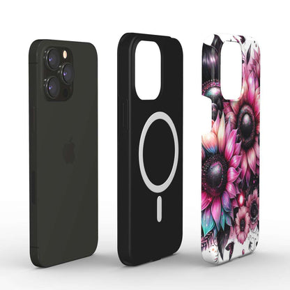 MagSafe Tough iPhone Case with floral design, dual-layer protection, and wireless charging support.
