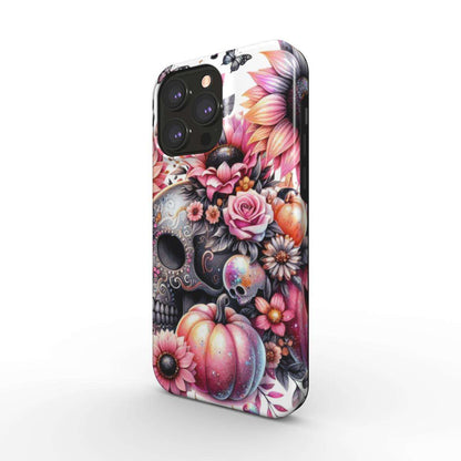 MagSafe Tough iPhone Case with floral skull design, dual-layer protection, and glossy finish.