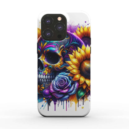 MagSafe Tough iPhone Case with vibrant skull and flower design, glossy finish, dual-layer protection.