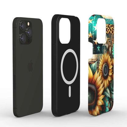 MagSafe Tough iPhone Case with double-layer protection, unique sunflower design, and glossy finish.