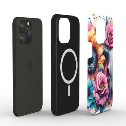 MagSafe Tough iPhone Case with dual-layer protection, floral design, and wireless charging support.