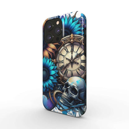 MagSafe Tough iPhone Case with skull and floral design, glossy finish, dual layers, and wireless charging support.