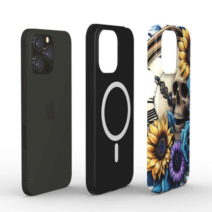 MagSafe Tough iPhone Case with glossy finish and dual layers for durability, featuring unique floral and skull design.