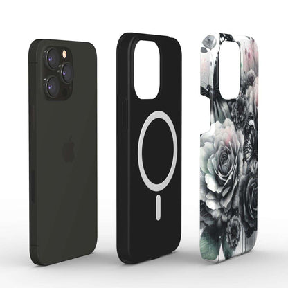 MagSafe Tough iPhone Case with dual layers and floral design, supports wireless charging.
