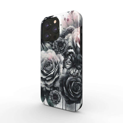 MagSafe Tough iPhone Case with floral and butterfly design, dual-layer protection, supports wireless charging.