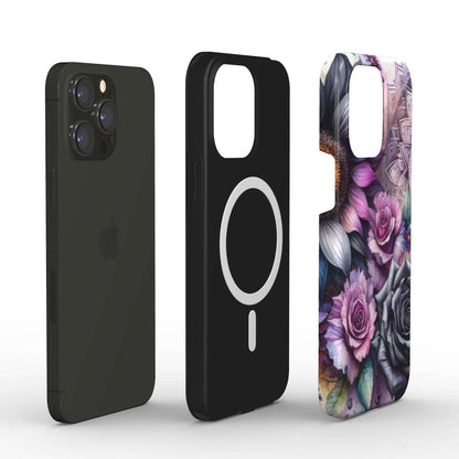 MagSafe Tough iPhone Case with floral design, dual-layer protection, supports wireless charging.