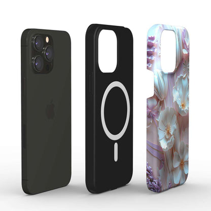 MagSafe Tough iPhone Case with dual-layer protection and floral design, supports wireless charging.