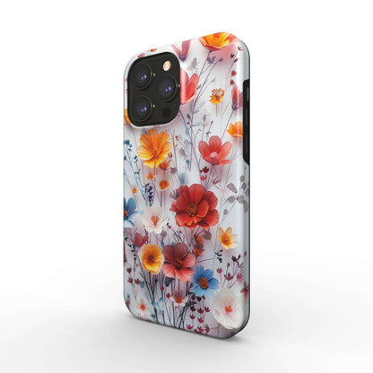MagSafe Tough iPhone Case with floral design, dual-layer protection, glossy finish, and wireless charging support.