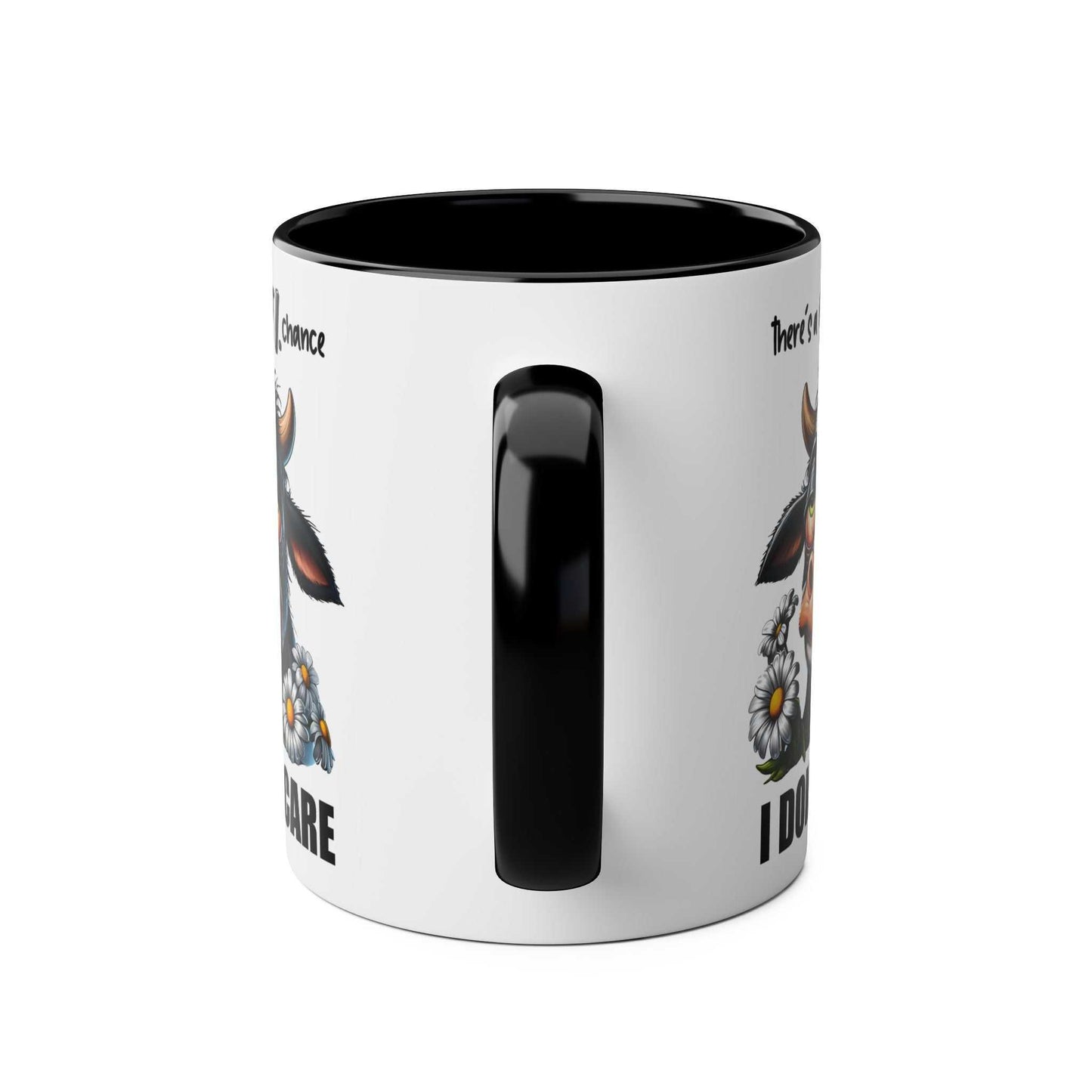 Sarky cow design on an 'I Dont Care' coffee mug with a black handle.