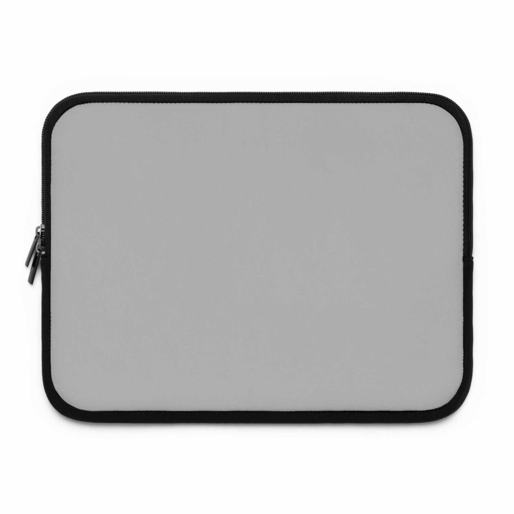 Silver laptop sleeve with black trim, neoprene material, and dual zipper closure