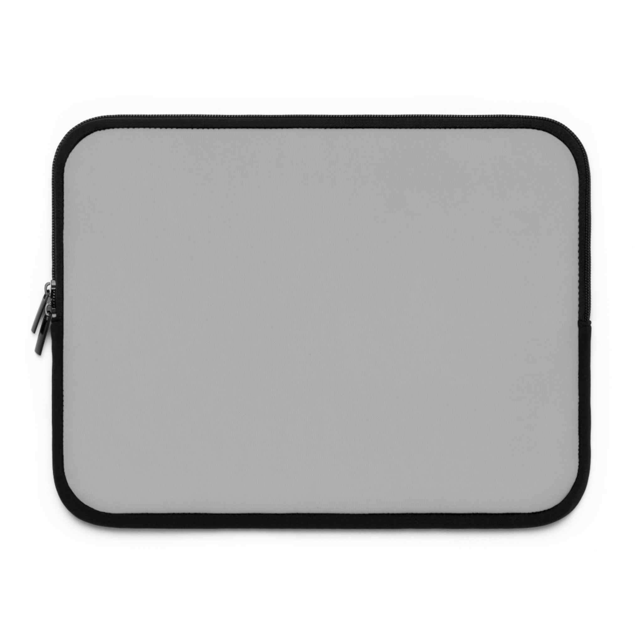 Silver laptop sleeve with black trim, neoprene material, and dual zipper closure