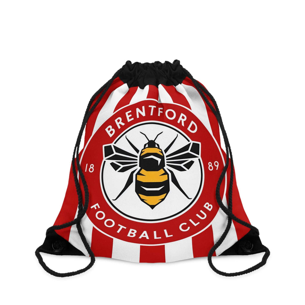 Brentford FC drawstring bag with red and white stripes and bee crest, lightweight polyester for sports and casual use