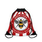 Brentford FC drawstring bag with red and white stripes and bee crest, lightweight polyester for sports and casual use