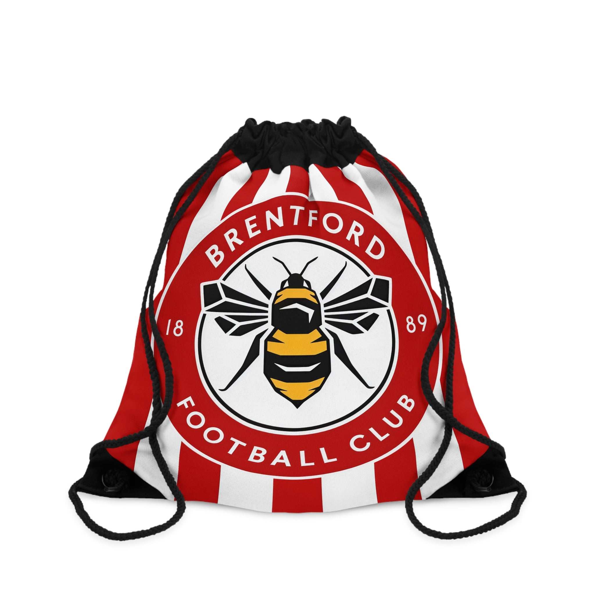 Brentford FC drawstring bag with red and white stripes and bee crest, lightweight polyester for sports and casual use