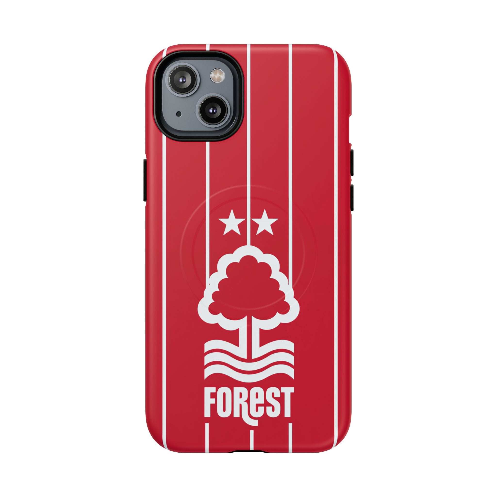 Nottingham Forest Magsafe iPhone Case in red with club crest and white stripes, dual-layer protection, MagSafe compatible, slim and durable design