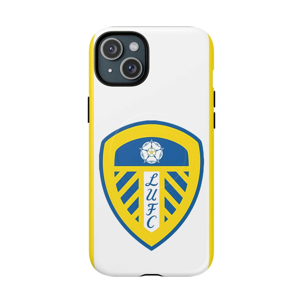 Leeds Utd MagSafe iPhone case with club crest, white and yellow design, dual-layer protection, MagSafe compatible, slim and durable