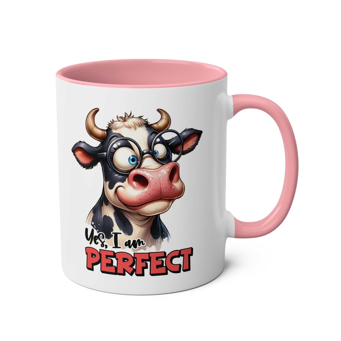 Cow design "I Am Perfect" coffee mug with pink interior.