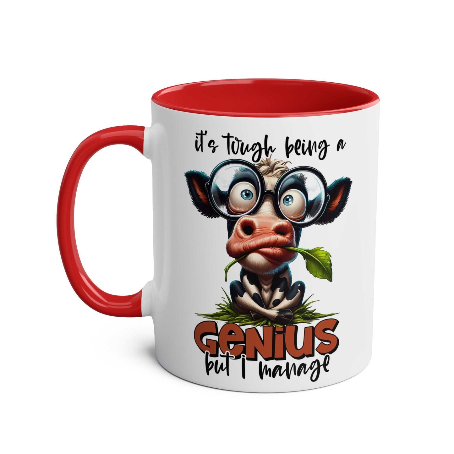 Funny coffee mug with quirky animal graphic and red handle, perfect for adding humor to your mornings.