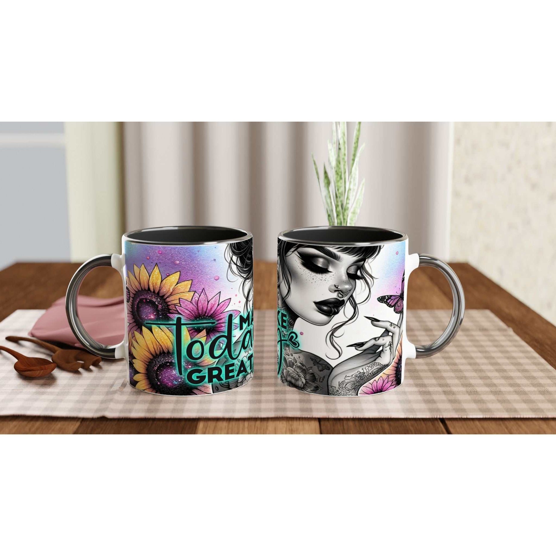 Make Today Great motivational ceramic coffee mug with vibrant design, 11oz size, dishwasher and microwave safe.