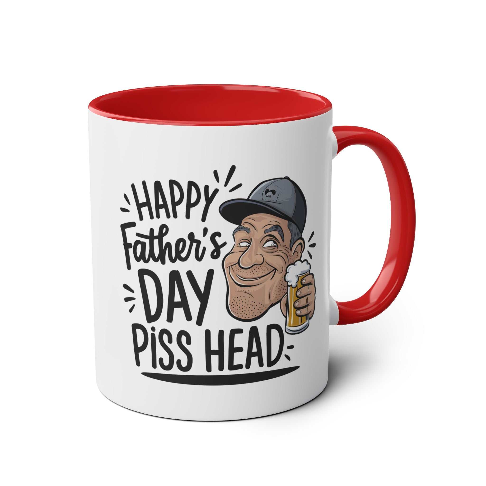 Fathers Day Gift Mug with humorous design and red handle.
