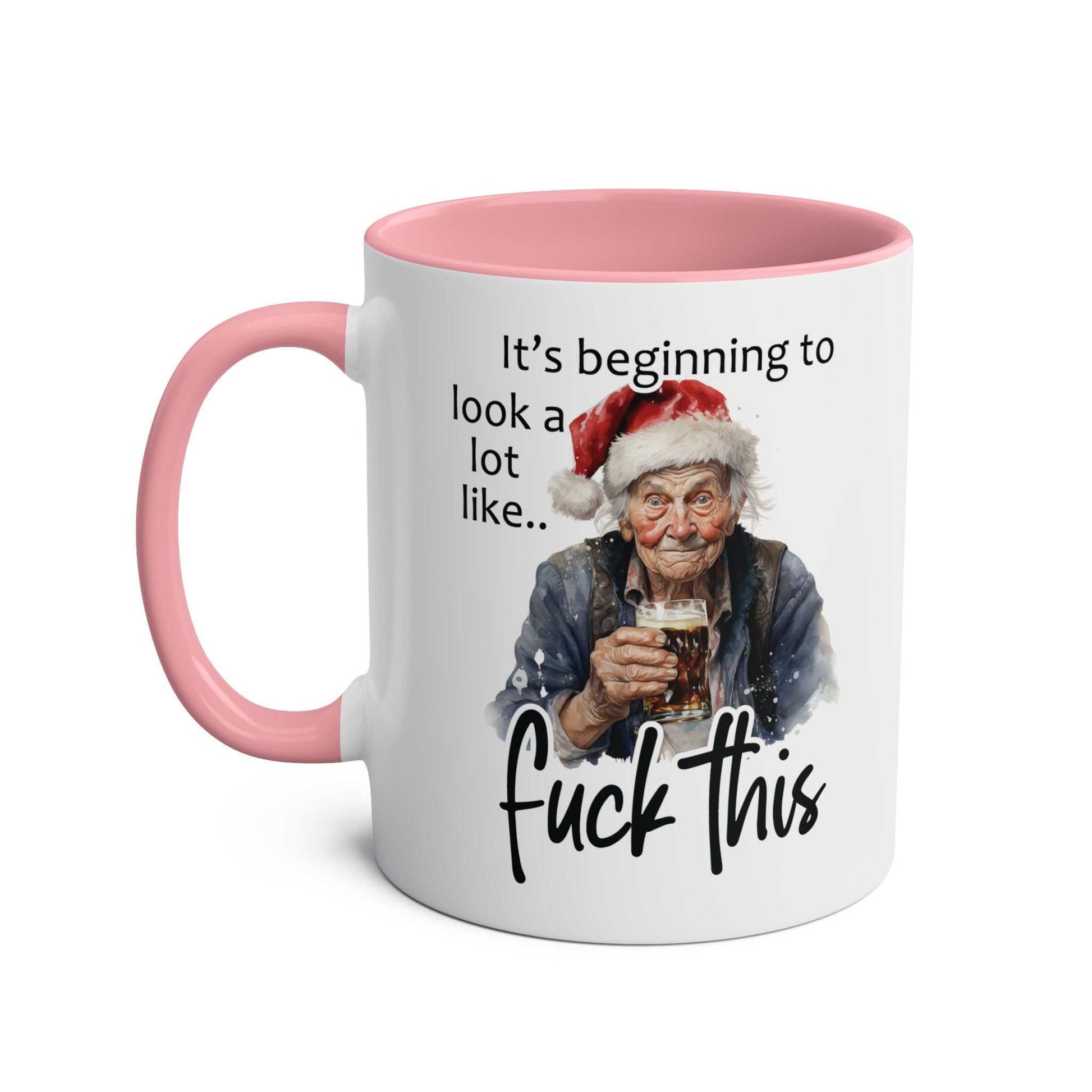 Sweary Granny Christmas Mug with cheeky festive design, pink handle, dishwasher safe.