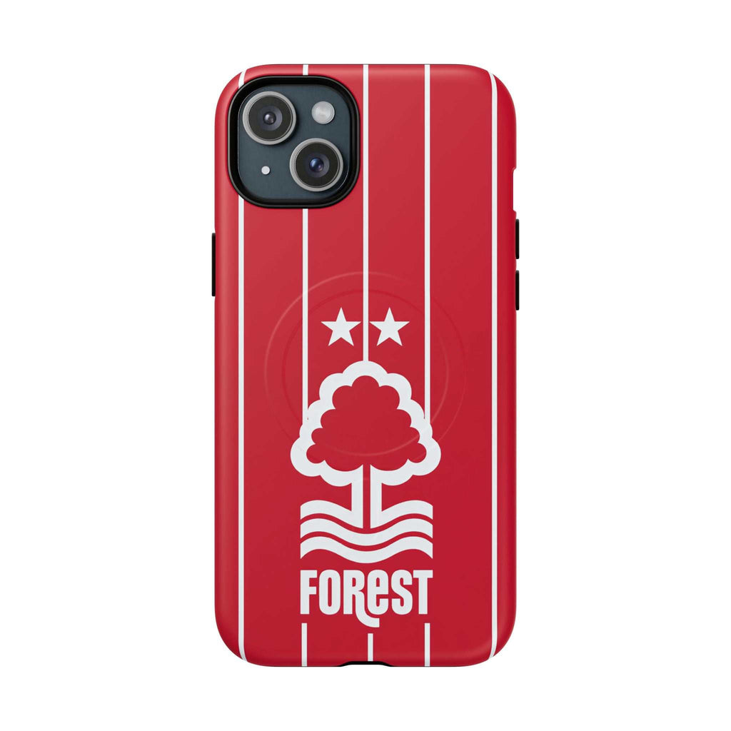 Nottingham Forest MagSafe iPhone case with red stripes, white club crest, dual-layer protection, and MagSafe compatibility