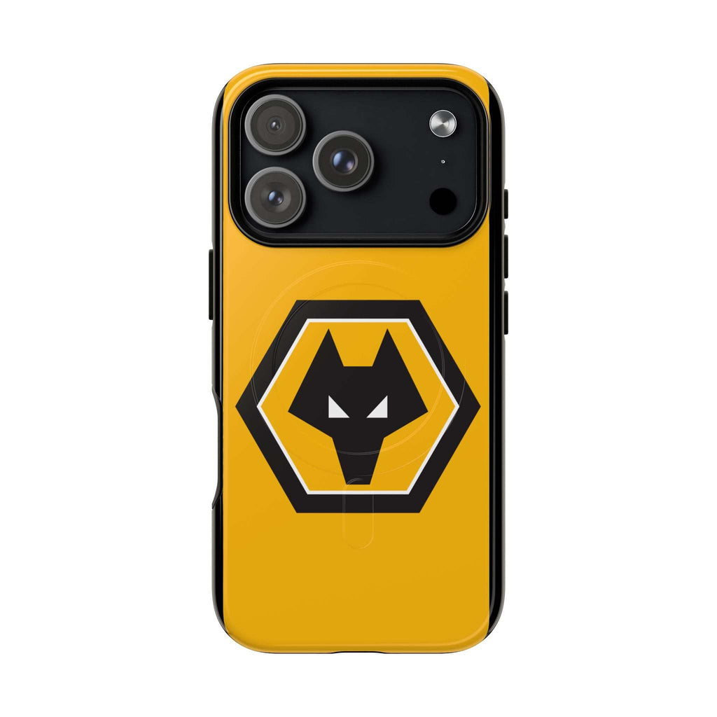 Wolves FC MagSafe iPhone case with gold and black wolf crest, dual-layer protection, and MagSafe compatibility