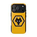 Wolves FC MagSafe iPhone case with gold and black wolf crest, dual-layer protection, and MagSafe compatibility
