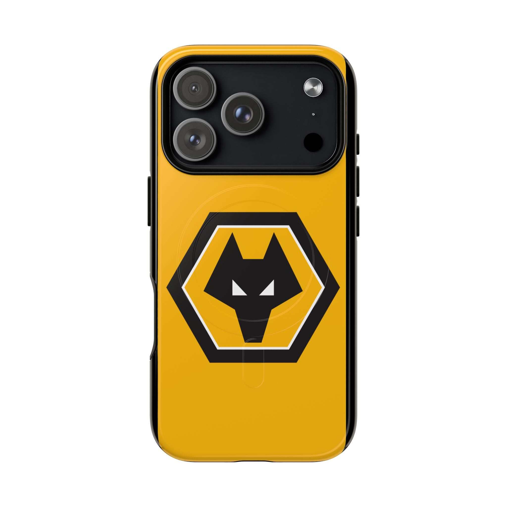 Wolves FC MagSafe iPhone case with gold and black wolf crest, dual-layer protection, and MagSafe compatibility