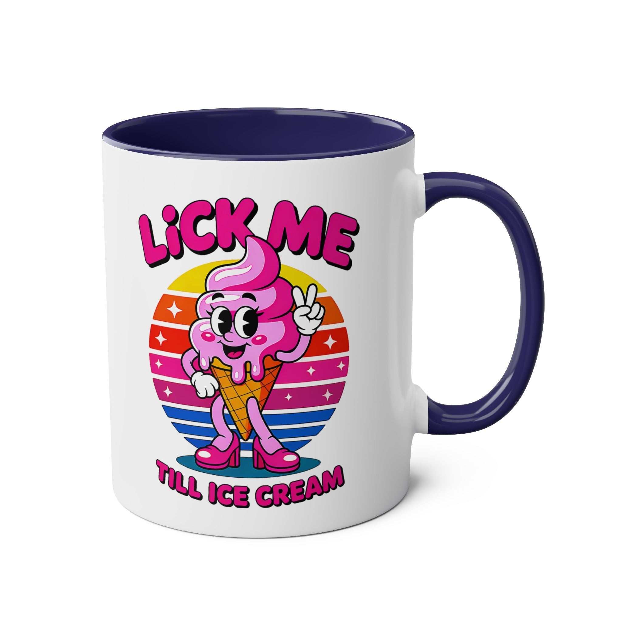 Lick Me Till Ice Cream Mug with cheeky text, glossy finish, 11oz ceramic, available in 7 colors, microwave and dishwasher safe