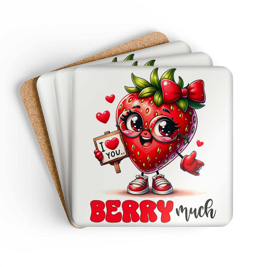 Love You Berry Much Coaster Set with cute strawberry design, high-gloss MDF top, cork back, and playful message.