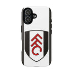 Fulham FC MagSafe iPhone case with club crest, black and white design, dual-layer protection, and wireless charging compatible