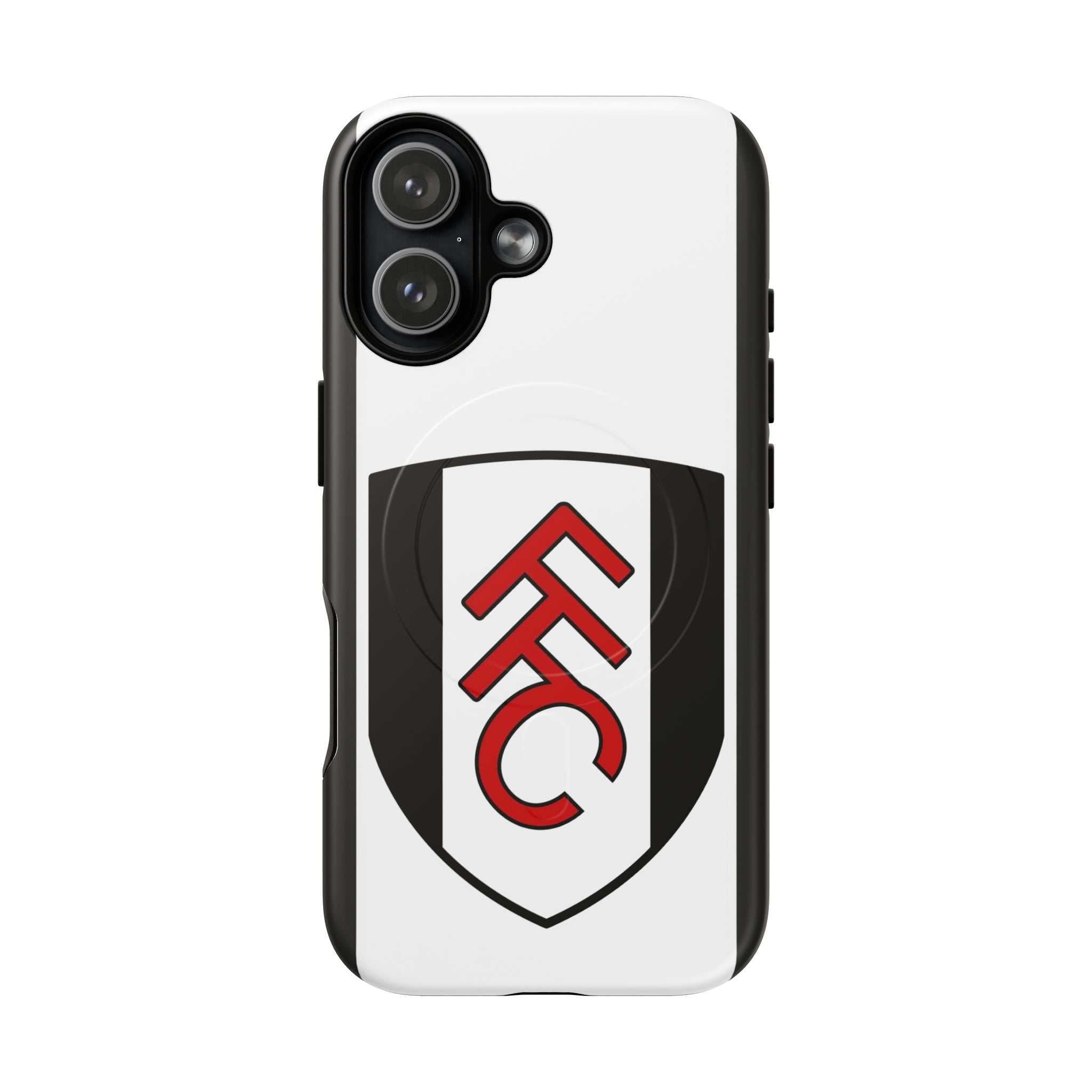 Fulham FC MagSafe iPhone case with club crest, black and white design, dual-layer protection, and wireless charging compatible