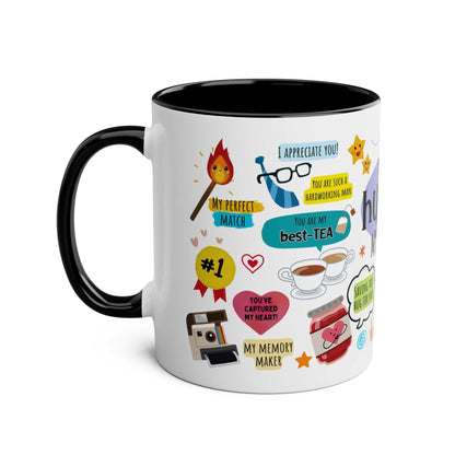 Husband Fathers Day gift mug with colorful graphics and appreciation messages, ceramic, glossy finish, available in six colors.