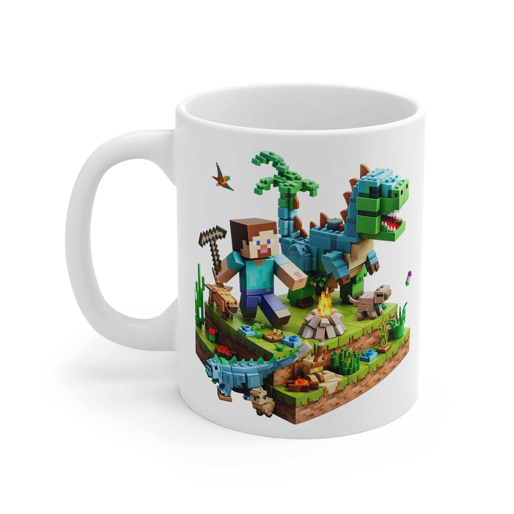 White ceramic Minecraft Lego inspired mug with pixelated block characters and dinosaur design, 11oz, glossy finish