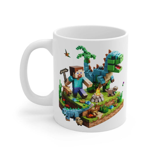 Minecraft Lego Inspired Mug with pixelated design featuring block characters and a dinosaur.