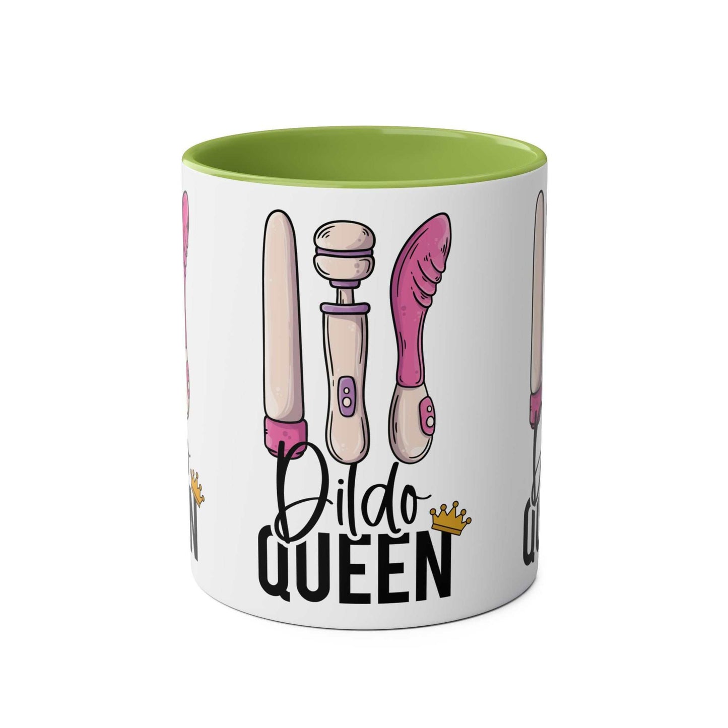 Dildo Queen Coffee Mug with playful design, ceramic, glossy finish, available in 7 colors, 11oz, microwave and dishwasher safe.