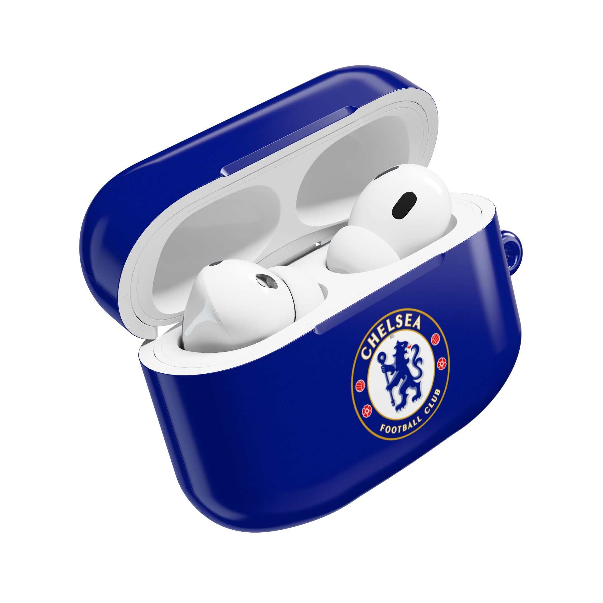 Chelsea FC AirPods protective case in royal blue with club crest, shock-resistant and compatible with wireless charging