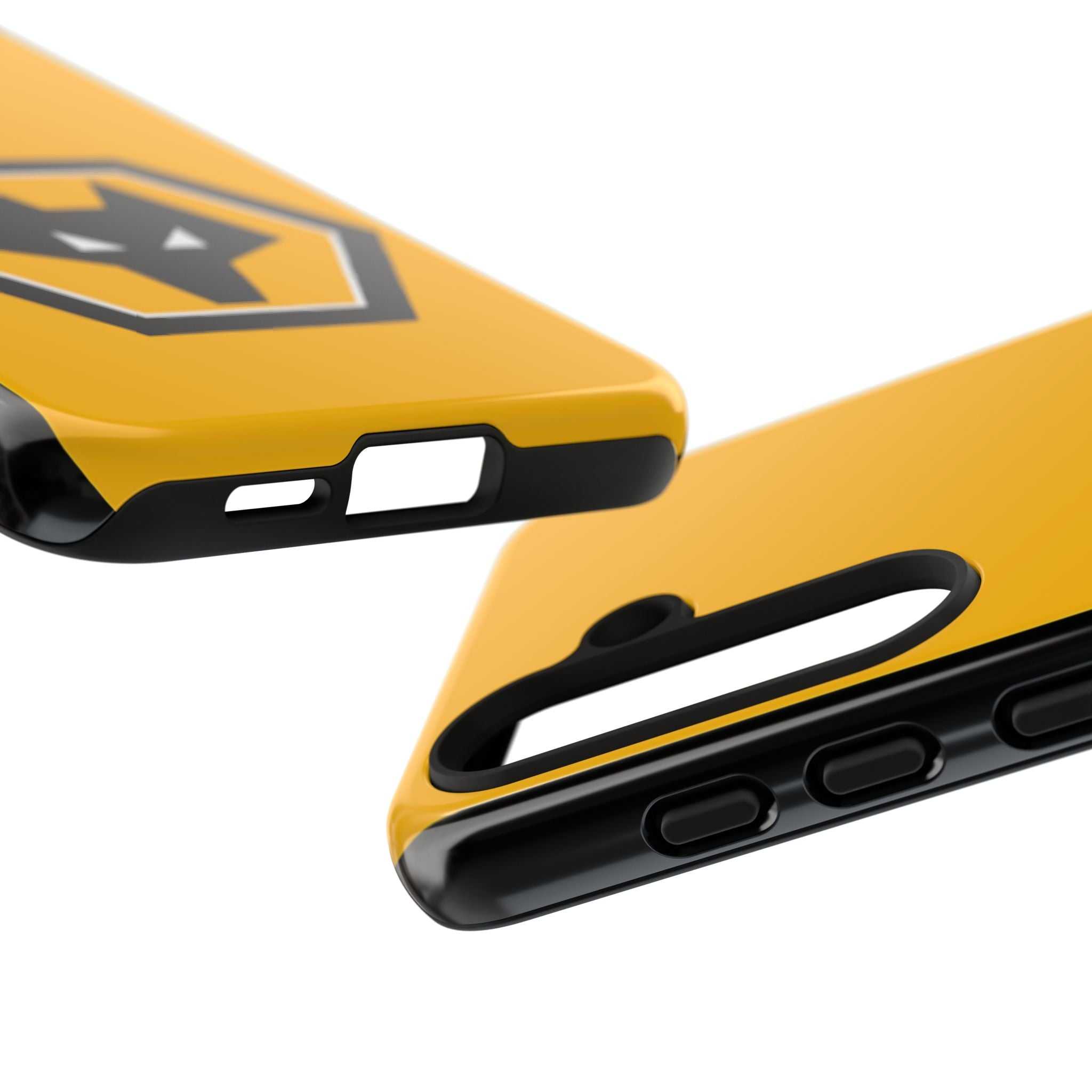 Wolves FC magnetic Samsung case with gold and black colors, official-inspired crest, dual-layer protection, and wireless charging compatibility