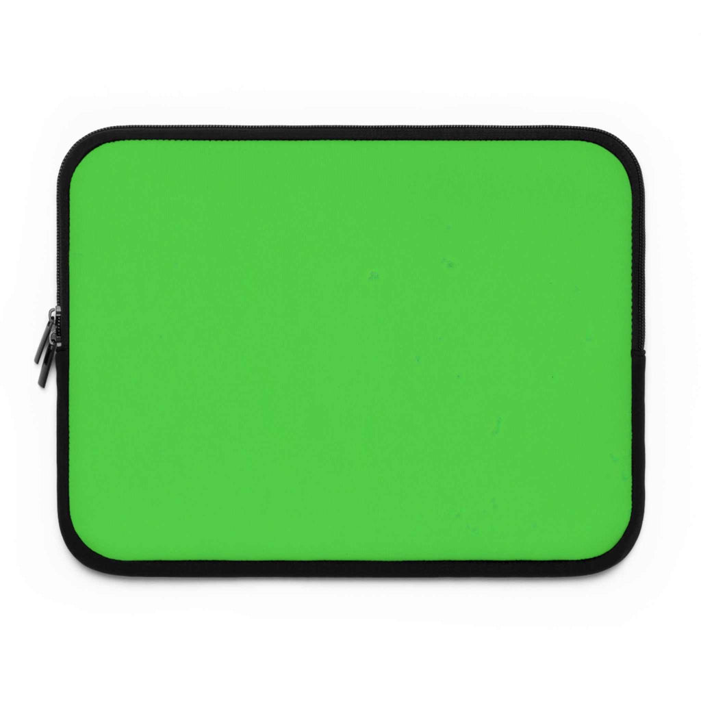 Lime green neoprene laptop sleeve with soft foam lining and dual zipper closure, lightweight and waterproof.
