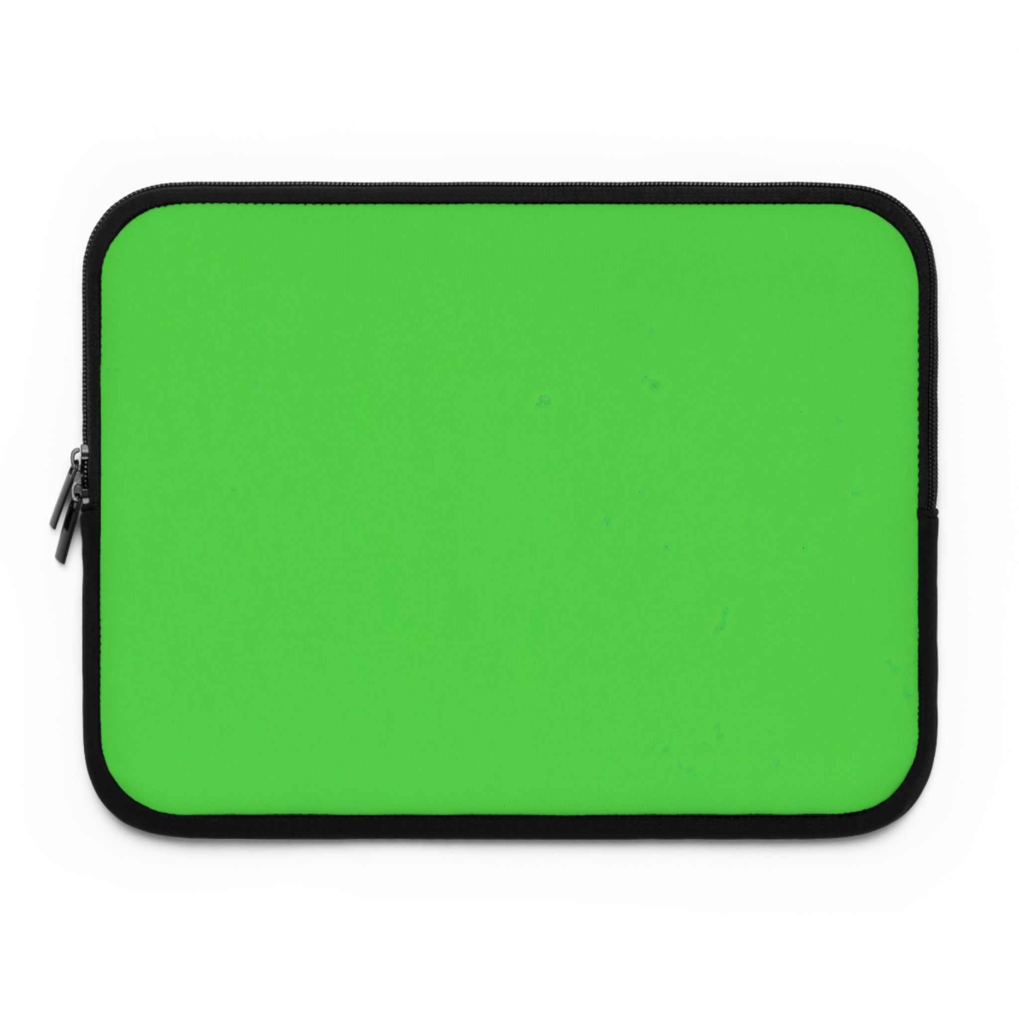Lime green neoprene laptop sleeve with soft foam lining and dual zipper closure, lightweight and waterproof.