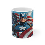 Captain America patriotic ceramic mug with Marvel superhero design and American flag background