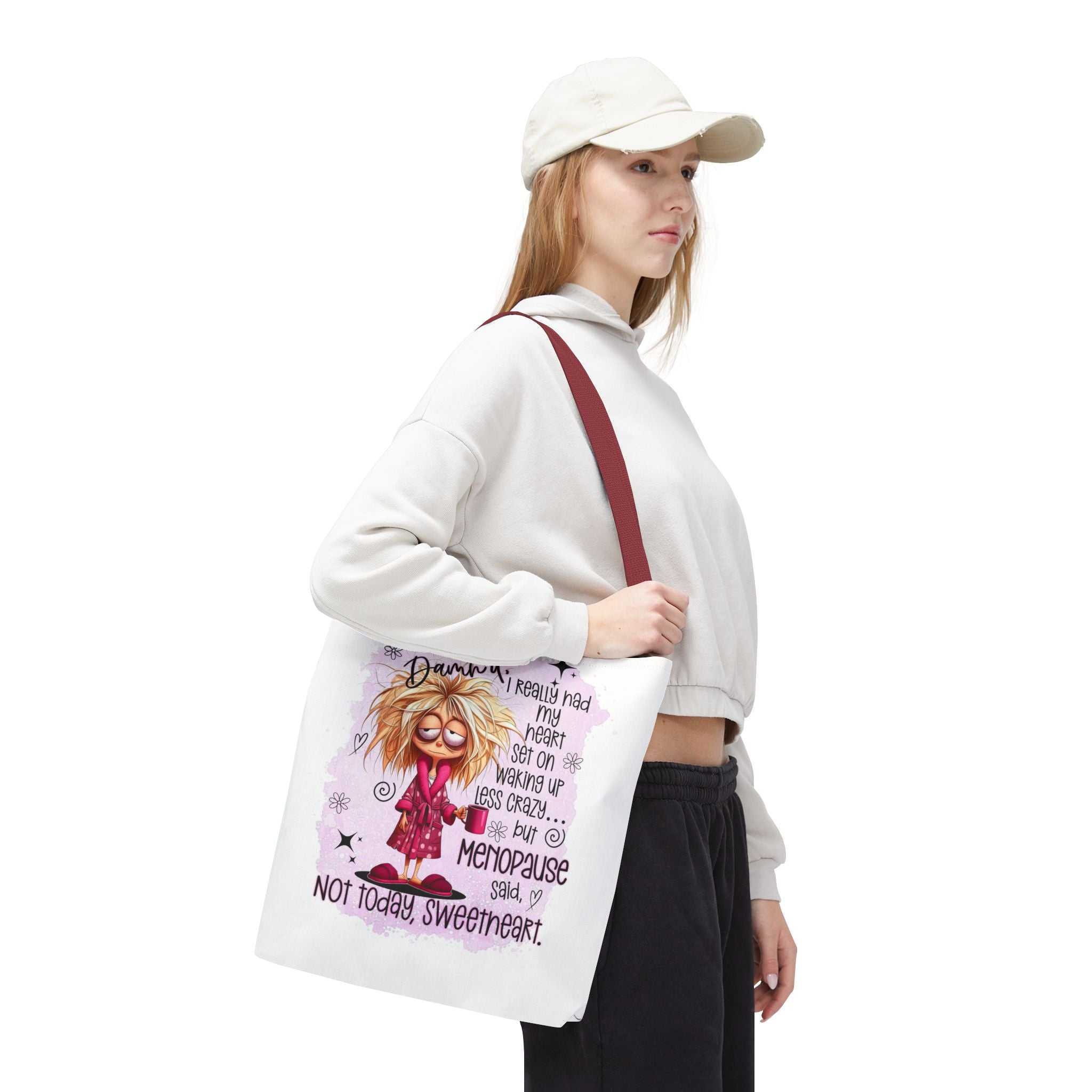 Cheeky menopause humour tote bag with durable spun polyester, multiple sizes and handle colors, perfect for daily use.