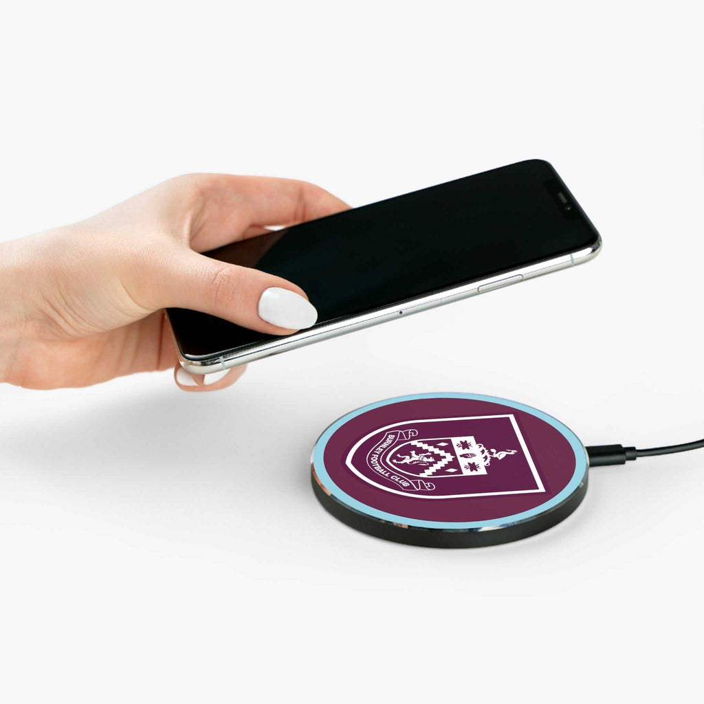 Burnley FC wireless charger with claret and blue design, 10W fast charging, durable aluminium casing, and non-slip base