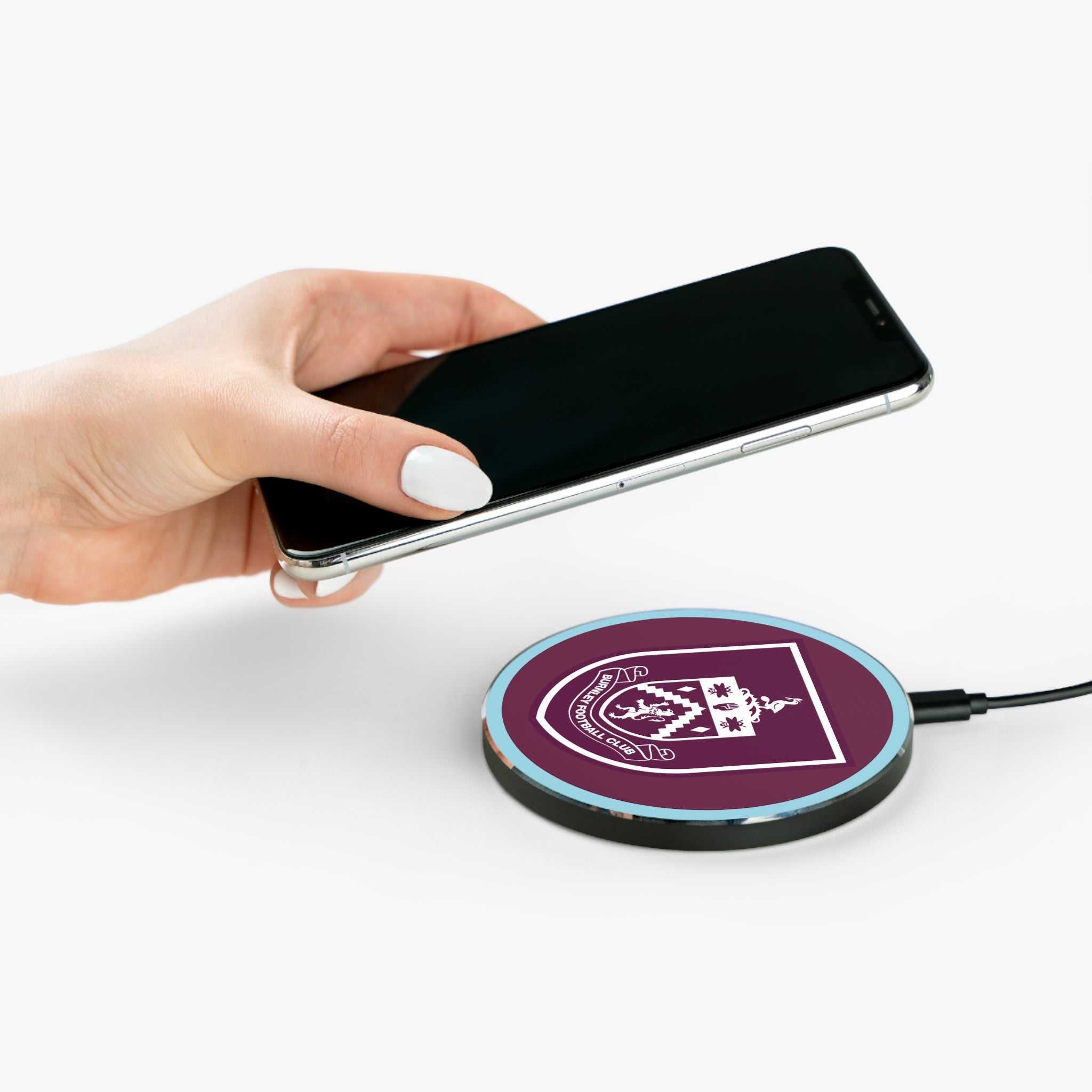 Burnley FC wireless charger with claret and blue design, 10W fast charging, durable aluminium casing, and non-slip base