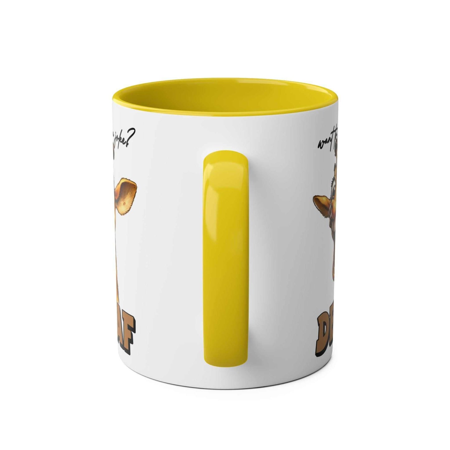 Decaf Joke Coffee Mug with giraffe design and funny quote, yellow interior and handle, 11oz ceramic, glossy finish.