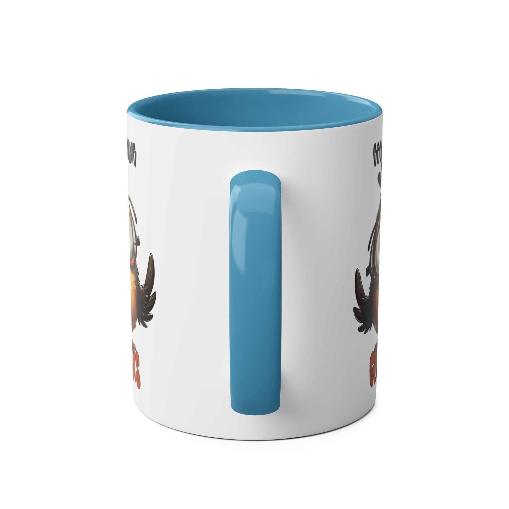 Ceramic 11oz Morning Cluckers Coffee Mug with blue handle and interior, featuring a humorous chicken design.