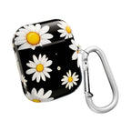 Black Daises AirPods protective case with white daisies on black background and silver carabiner clip