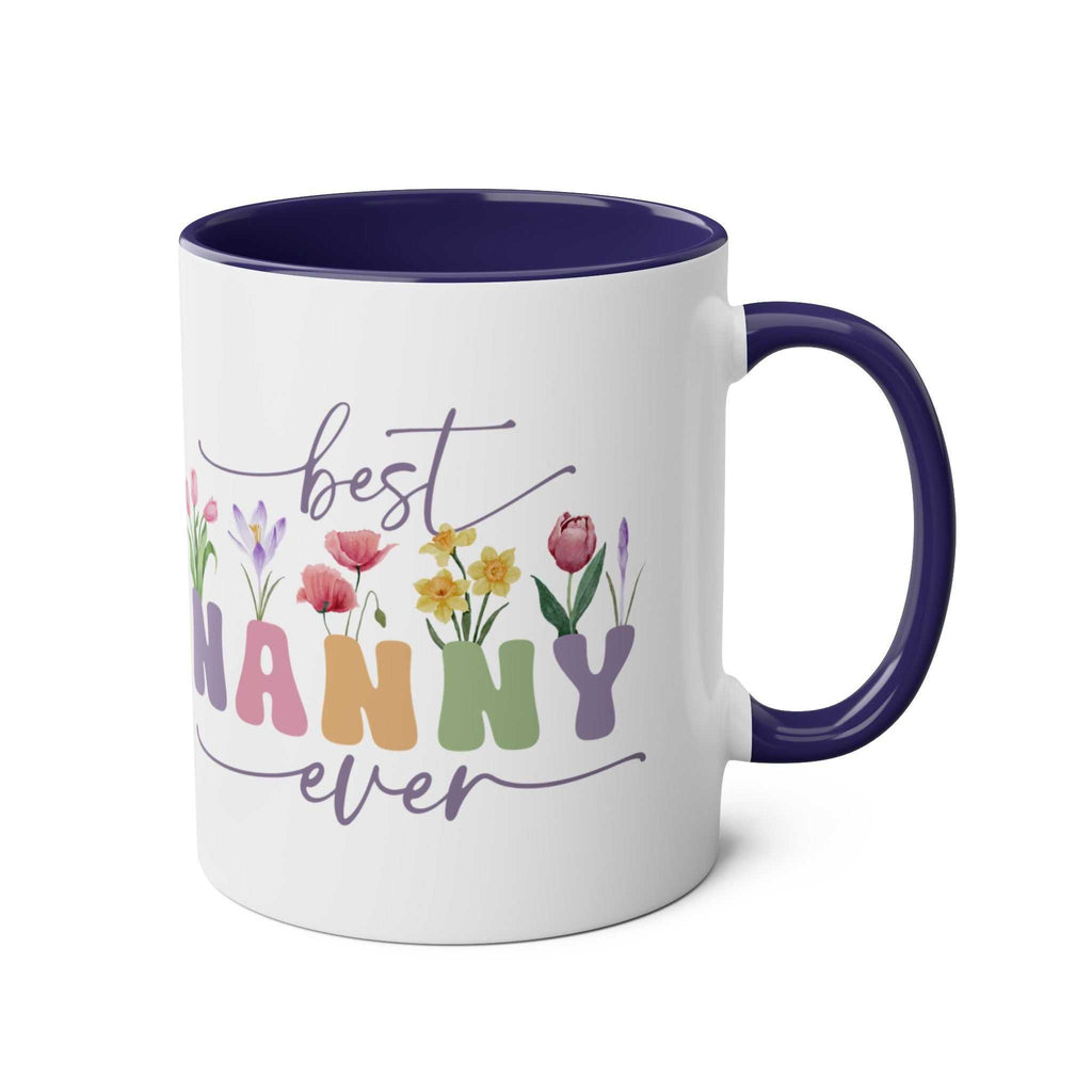 Best Nanny Ever Mother's Day gift mug with floral design and blue interior.