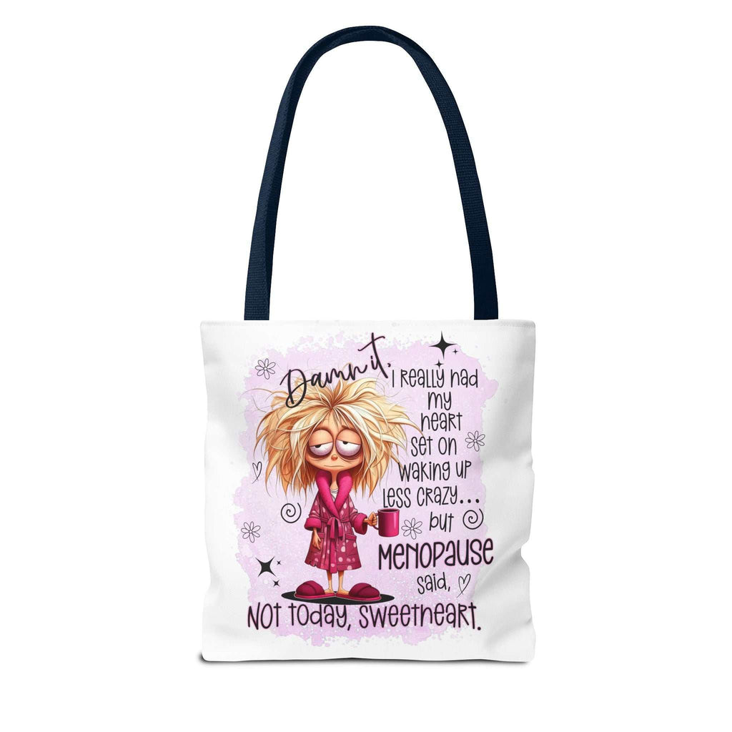 Menopause humour tote bag with cheeky design, durable spun polyester, multiple sizes and handle colors, lightweight and reusable